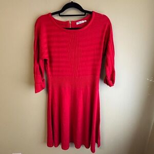 Eliza‎ J Red Knit Ribbed 3/4 Sleeve Fit Flare Sweater Dress Size L Stretch Mini